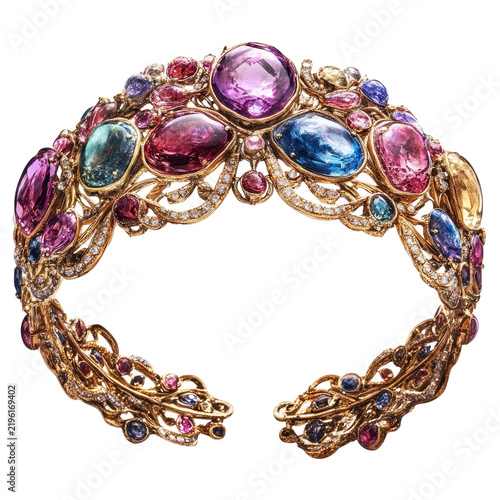 Ornate Gold Armlet Adorned with Various Cut Gemstones on Transparent Background