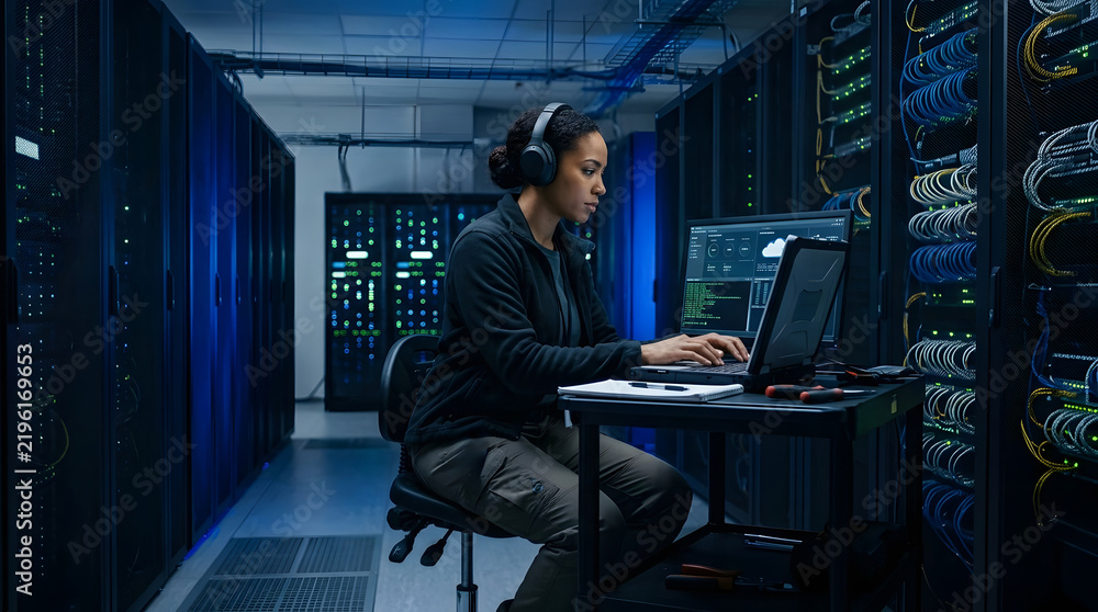 Fototapeta premium An individual seated at a workstation inside a data center focused on a screen while using a laptop and headset flanked by illuminated server racks
