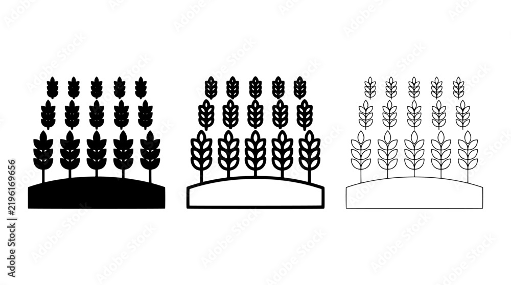 © canestudio - Set of three wheat field icons in solid, outline, and thin line styles isolated on a white background