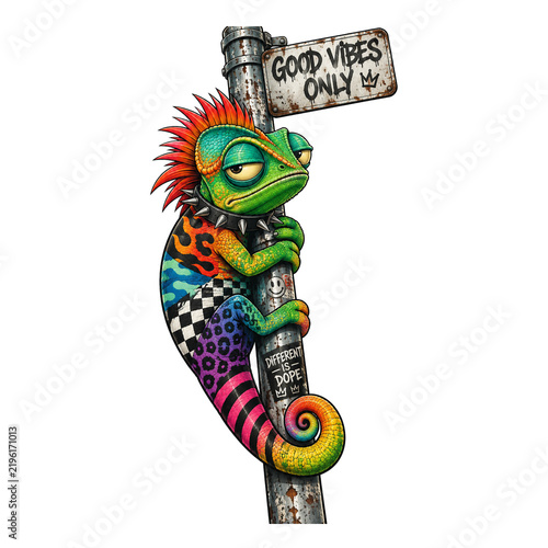 Colorful Punk Chameleon Clinging to Rusty Street Sign, Quirky Urban Wildlife Illustration