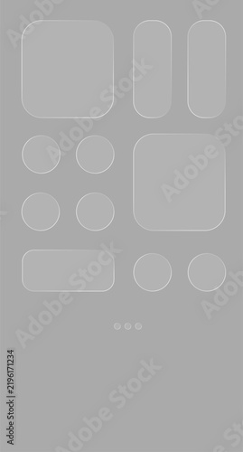 Transparent glass elements with liquid morphism effect for ui design and modern interfaces. Rounded rectangles, circles and buttons with frosted blur overlay. Glassmorphism components for web or app