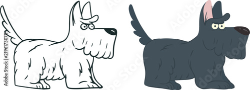 Cute Scottish terrier dog cartoon vector illustration, funny dark gray Scottie dog with outline coloring page version