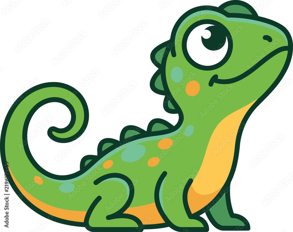 Obraz premium Cute Cartoon Green Gecko with Orange Spots – Friendly Reptile Illustration Isolated on White for Kids & Design
