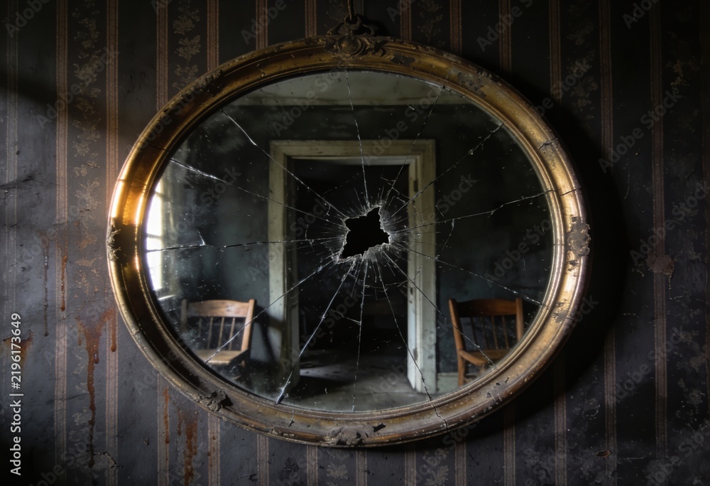 Obraz premium Antique gold-framed mirror with large spiderweb crack reflecting abandoned room interior