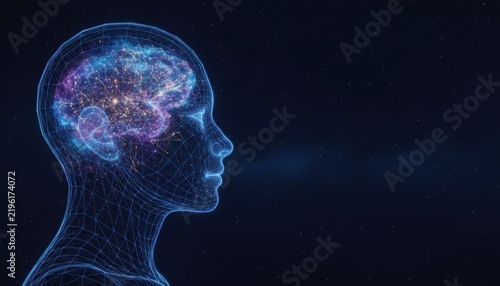 Cosmic Consciousness: A digital rendering of a human head in profile, with a glowing, intricate network representing the brain, filled with cosmic patterns and stardust.