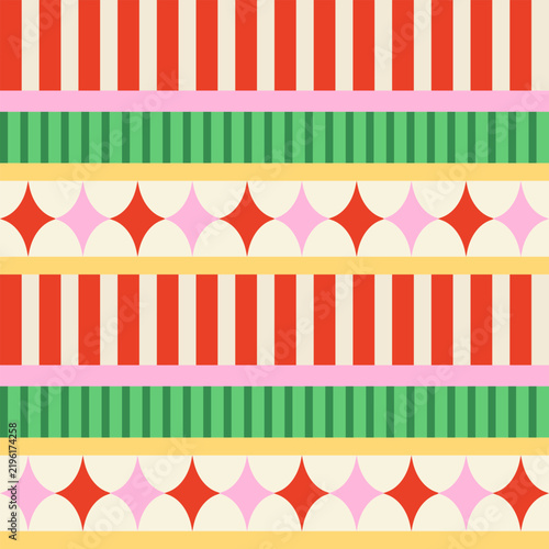 Colorful geometric abstract seamless pattern with vertical, horizontal lines and stars. Contemporary vector flat background with colorful stripes and blocks