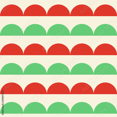 Seamless geometric pattern with colorful semicircles arranged in horizontal rows. Playful christmas flat vector background. Holiday design for textile, stationery or wrapping paper