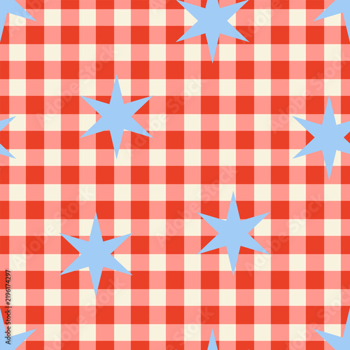 Red vichy fingham plaid with blue stars. Vector flat scandinavian christmas background. Holiday seamless pattern for textile, stationery or wrapping paper