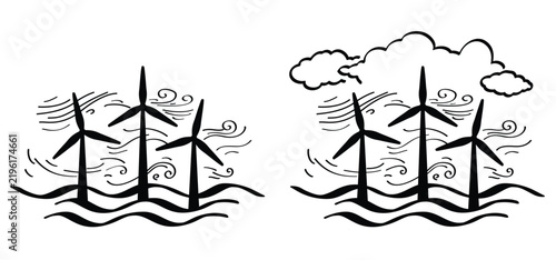 Offshore wind turbine. Windmills or wind turbines tower green energy and electric plug. Alternative energy. Wind mills, generator for electricity power. Windturbines. schone, hernieuwbare energie.
