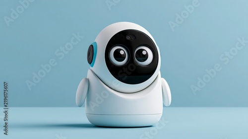 Whimsical vlogging photo: a webcam peeking around with curiosity, set against a soft pastel blue background with abundant room for text.