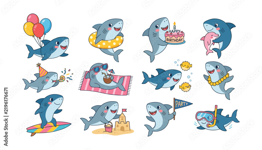 Obraz premium Cute baby shark character vector set featuring funny ocean animals beach party birthday themes and summer vacation illustrations for kids