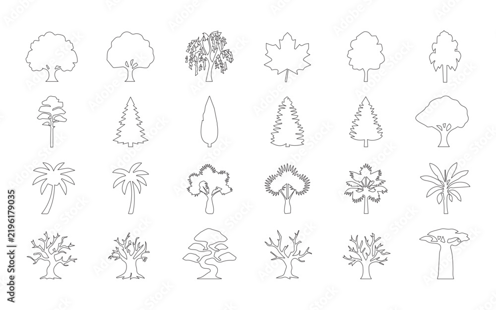Fototapeta premium Set of diverse tree outlines, including various species, palm trees, and bare winter trees for architectural and landscape visualization
