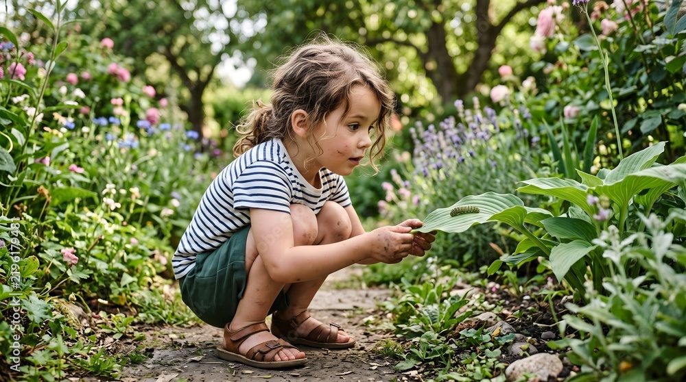 Fototapeta premium Curious girl in striped shirt and green shorts crouches in backyard path to inspect caterpillar on green leaf, enjoying summer garden exploration.