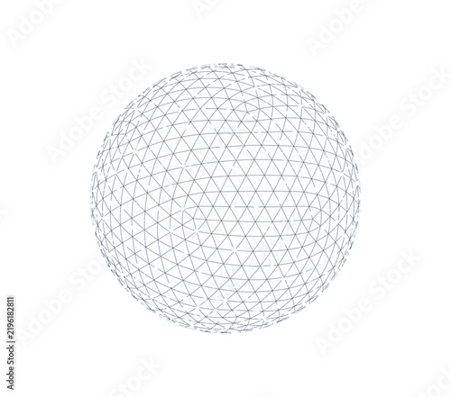 Принти на полотні Futuristic 3D wireframe network sphere with dense polygonal mesh structure, white vertex dots and thin connecting lines