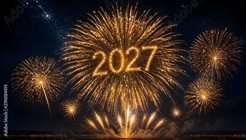 Spectacular golden fireworks exploding in a dark starry night sky forming the year 2027.