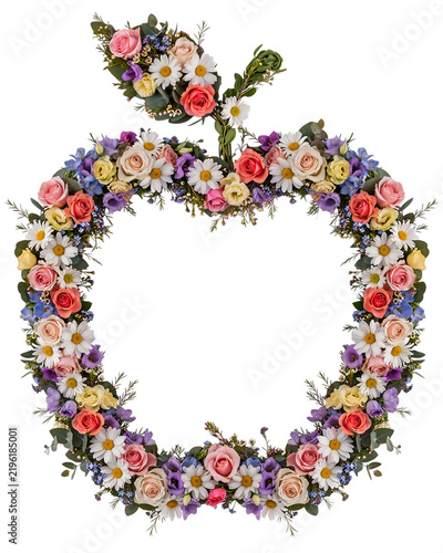 Apple shaped wreath made of colorful roses and daisies on a black background isolated on a transparent background