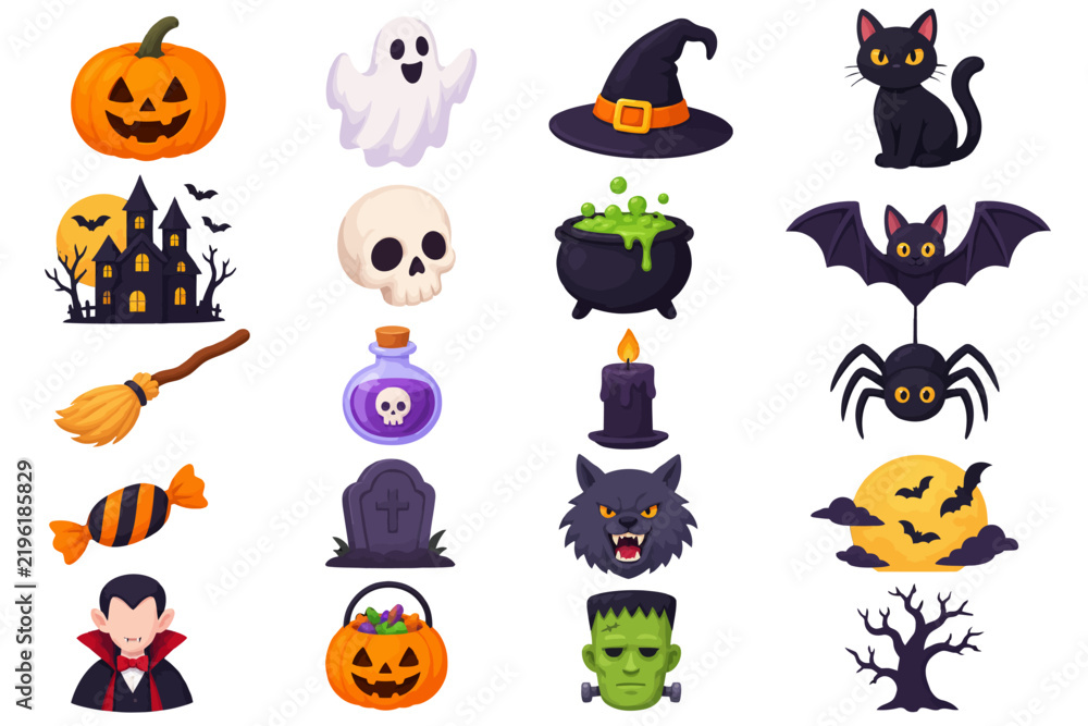 Obraz premium Halloween holiday elements and cartoon spooky icon set isolated on white background