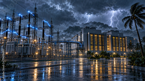 Monsoon Clouds Gather Above an Electrical Substation and Server Facility