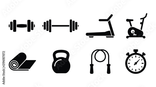 Fitness equipment silhouettes depicting weights treadmill mat and timer silhouette