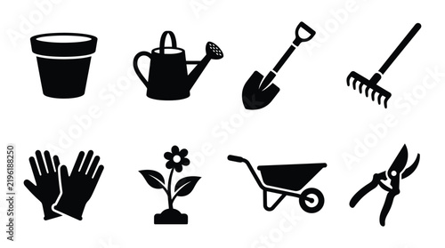 Gardening tools and floral sprout depicted as black silhouettes
