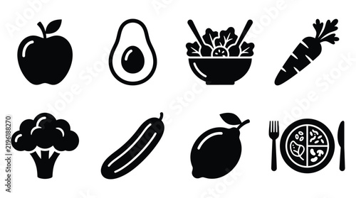 Collection of fruit and vegetable silhouettes in a minimalist style silhouette