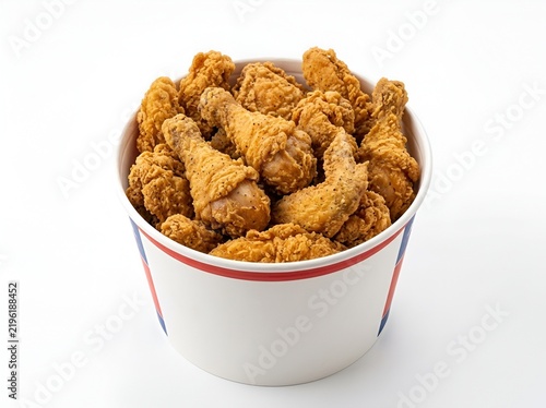 Fried chicken pieces in a white bucket