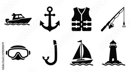 Collection of nautical icons in black silhouette