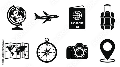 Travel icons including globe tourism airplane passport
