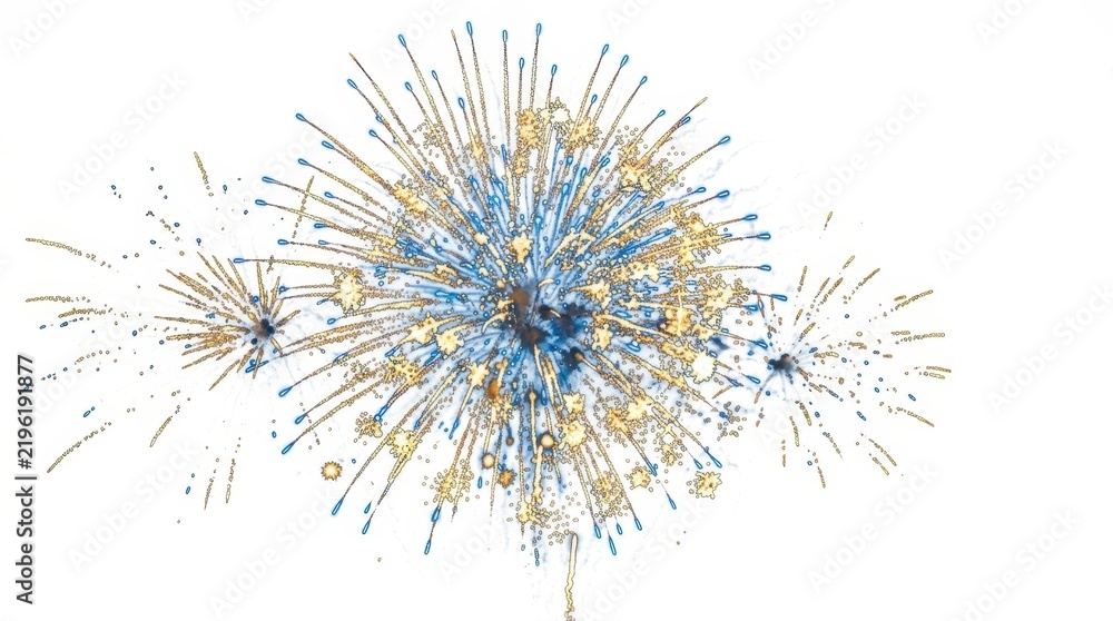 Fototapeta premium Blue and gold fireworks exploding isolated on white background. Festive pyrotechnic display for New Year celebration