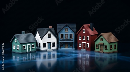 Colorful small toy houses with reflection on black surface