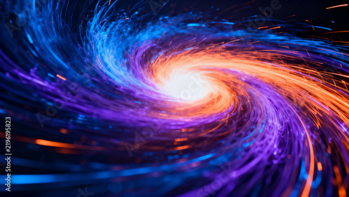 Dynamic abstract light trails swirl around a brilliant central glow, blending vibrant blue, purple, and orange hues in a cinematic composition that evokes energy, motion, technology, and creativity.