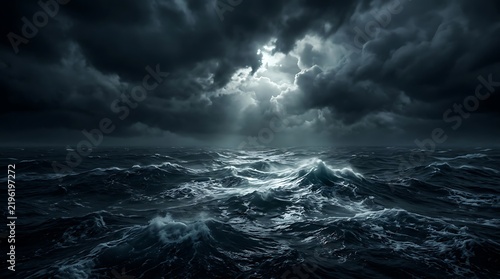 Turbulent ocean waves under stormy clouds