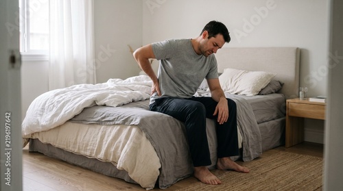 Man sitting on bed experiencing lower back pain discomfort holding his aching back