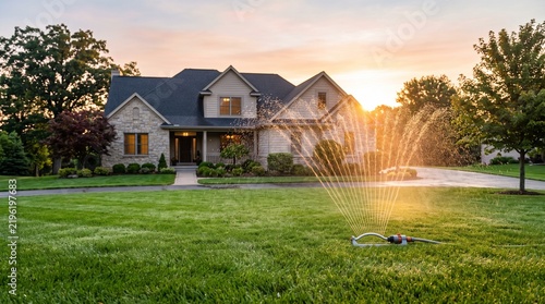 Suburban Home Lawn Irrigation at Sunset with Golden Hour Light and Water Sprinkler Spray