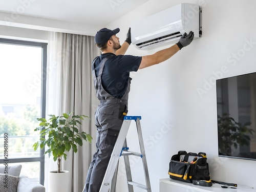 Technician Installing Air Conditioner in Modern Home Environment