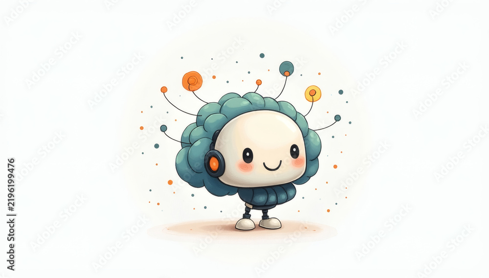 Fototapeta premium Adorable cartoon brain character with headphones, radiating creativity and joy with colorful abstract elements around its head, perfect for educational or technology-themed designs
