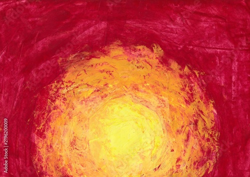 Acrylic painting of Red abstract painting with a glowing yellow and orange circular center creates an intense and energetic artistic composition.