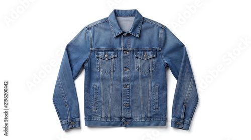 Classic blue denim jacket isolated on a clean white background for fashion concepts