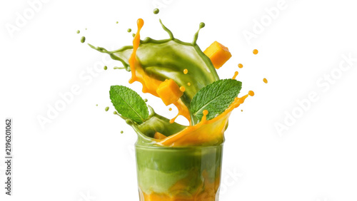 Fresh vibrant matcha with mango juice splash and mint leaf garnish