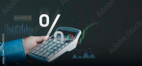 Financial analysis, budgeting calculator, percentage symbol, charts and market data. Investment planning, income, expenses, cost calculation, profitability, financial analysis and business performance