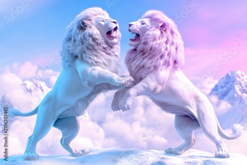 Celestial Lions: Two majestic white lions stand tall on a snowy mountain peak against a backdrop of pastel-colored clouds and a radiant sky, embodying power and serenity.