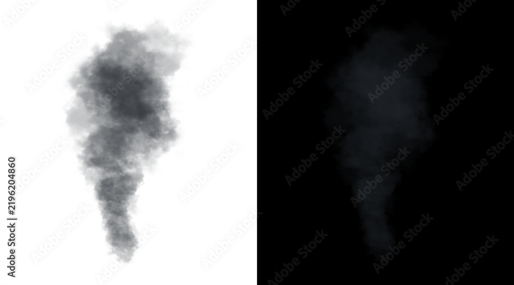 Obraz premium Atmospheric smoke plume illustration, realistic black and white steam clouds, rising vapor trail for design overlays and cinematic effects