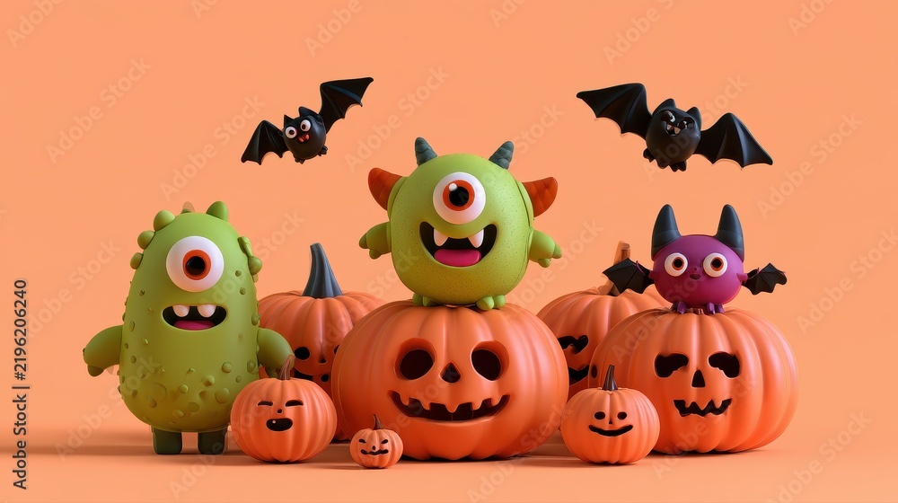 Obraz premium Seasonal Halloween icons, cute monsters and flying bats surrounding pumpkins, clean studio lighting, 3D render illustration. 