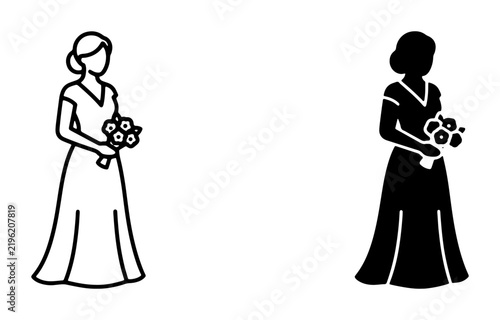 Bride Silhouette and Outline Vector Icons, Wedding Ceremony Bride Holding Bouquet, Elegant Bridal Attire, Romantic Celebration Graphics