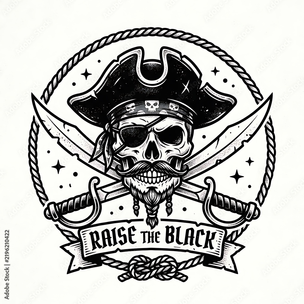 Fototapeta premium Skull pirate captain raising crossed swords with tricorn hat and banner saying raise the black