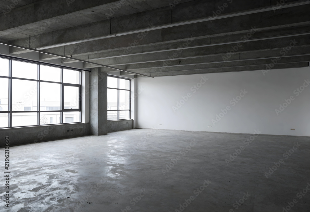 Obraz premium Commercial real estate and office renovation, empty industrial loft space with concrete floor and large windows for modern interior design project