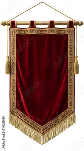 Elegant royal red velvet hanging banner adorned with ornate golden borders and tassels.