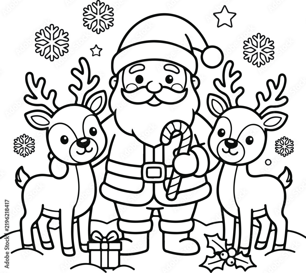 Fototapeta premium Santa claus standing with two cute reindeer, candy cane, and christmas gift, coloring page