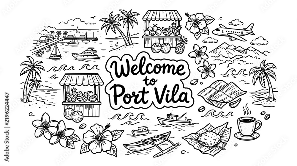 Obraz premium Hand Drawn Port Vila Travel Doodle Illustration