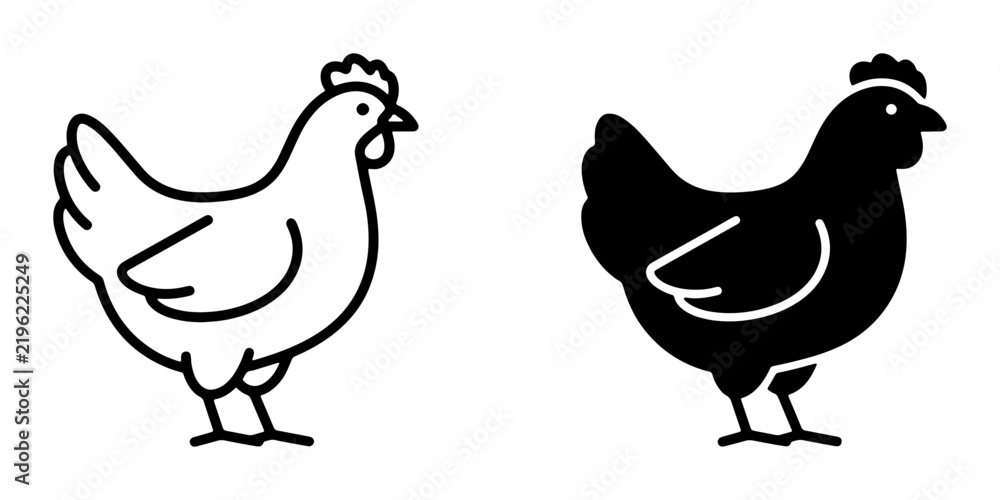 Fototapeta premium Chicken Icons, Hen Vector Graphics, Poultry Silhouette, Farm Animal Line Art, Simple Bird Illustrations, Black and White Farm Life
